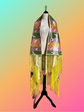 Vintage ~ One Size ~ Multi-Colors ~ Butterflies W/Yellow Fringe Reversible Shawl